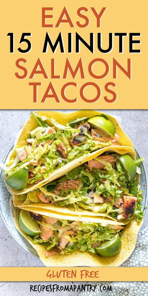 This easy salmon tacos recipe is a super quick no-fuss meal. With just a handful of everyday ingredients and 15 minutes, you can whip up this amazing dish. Take your Taco Tuesday in a whole new direction with these super tasty healthy seafood tacos with a spicy sauce and crunchy veggies! Full of Mexican flavors and easily adaptable, they're sure to become a family favorite. #taco #mexican #salmontacos  #tacos #salmon #glutenfree Air Fryer Salmon Tacos Recipe, Salmon Tacos Recipe With Slaw, Healthy Salmon Tacos, Canned Salmon Tacos, Salmon Taco Recipes, Salmon Tacos Recipe Easy, Salmon Tacos With Slaw, Easy Salmon Tacos, Salmon Fish Tacos