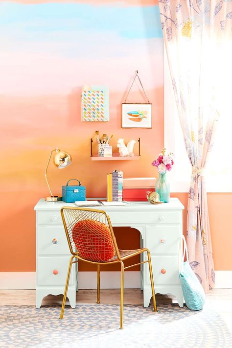 sunset-painted-wall-desk-a15bb534 Ombre Painted Walls, Painting Stripes On Walls, Wall Behind Bed, Girls Room Paint, Wall Painting Ideas, Dark Paint Colors, Wall Painting Techniques, Room Wall Painting, Modern Kids Room