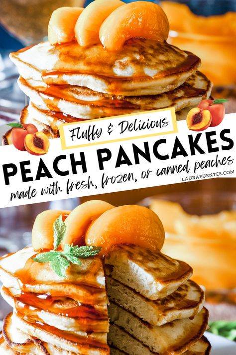 fluffy peach pancakes Peach Pancakes Recipes, Peach Cobbler Pancakes, Peach Breakfast Recipes, Peach Salad Recipes, Peach Pancakes, Fluffy Buttermilk Pancakes, Caramelized Peaches, Peach Compote, Almond Pancakes