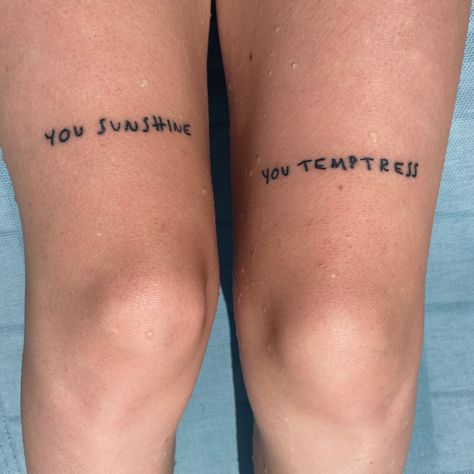 Harry Styles Knee Tattoo, You Sunshine You Temptress Tattoo Harry Styles, Sunshine Temptress Tattoo, Harry Styles Coded Tattoos, Fine Line Knee Tattoo, You Sunshine You Temptress Tattoo, Always An Angel Never A God Tattoo, Harry Styles Handwriting Tattoo, Fine Line Harry Styles Tattoo