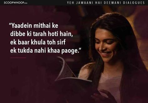 yeh jawaani hai deewani Movie On Laptop, Yjhd Quotes, Yeh Jawaani Hai Deewani, Filmy Quotes, Song Captions, Movie Dialogues, Bollywood Quotes, Movies Quotes Scene, Flirting Quotes For Her