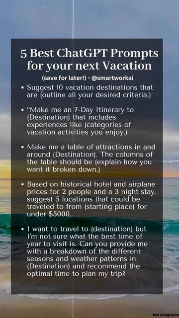 Celia | ChatGPT and AI Tips for Productivity on Instagram: "Best ChatGPT travel prompts for your next vacation. Save this for later! It will save you so much time. #timesaver #travelplanning #traveltips #chatgpt #chatgptprompts #vacation" Chatgtp4 Prompt, Travel Prompts, Vacation Savings, Vacation Activities, Time Saver, Travel Bug, I Want To Travel, Travel Bugs, Stay The Night