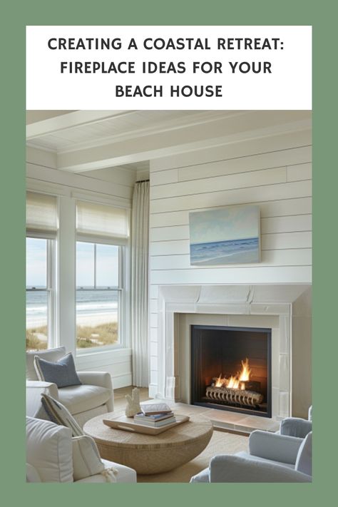 Alt text: A cozy beach house living room with a lit fireplace, comfortable seating, and a view of the sea through large windows, illustrating coastal retreat interior design ideas. Beach House Fireplace Tile, Coastal Fireplaces Ideas, Coastal Gas Fireplace Ideas, Coastal Fireplace Ideas Beach Styles, Stone Fireplace Beach House, Beachy Fireplace Stone, Coastal Mantel Decorating Ideas, Beach House Electric Fireplace Ideas, Coastal Fireplace Ideas