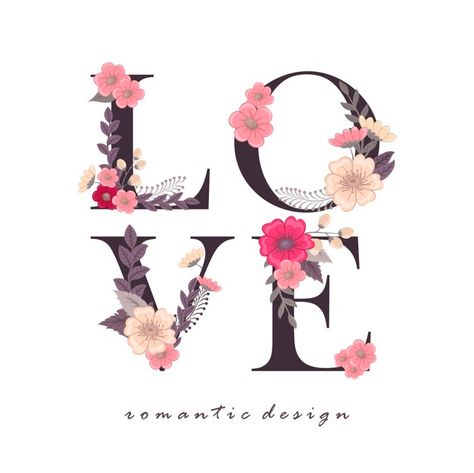 Floral word love (flowers, grass, leaves). floral letter. Happy Monday Quotes, Floral Words, Gift Wrapper, Love Canvas, Floral Drawing, Word Love, Floral Poster, Romantic Design, Flowers Gift