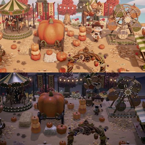 Acnh Harvest Festival, Acnh Fall Festival Ideas, Acnh Autumn Town, Acnh Fall Festival, Animal Crossing Halloween Ideas, Halloween Island Acnh, Acnh Halloween Design Codes, Acnh Autumn Island, Acnh Halloween Island