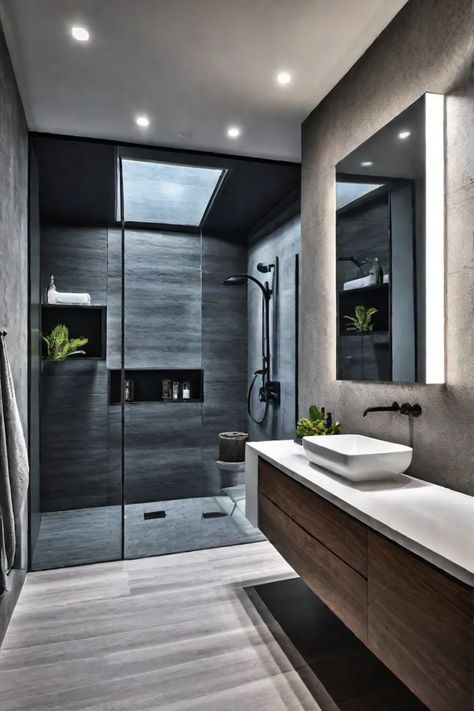 Modern bathroom with a custommade vanity with unique textures and patterns Mens Bathroom Ideas For Men Master Bath, Tile Shower Patterns, Mens Bathroom Ideas, Boy Bathroom Ideas, Black Tile Shower Ideas, Modern Bathroom Decor Ideas, Tile Bathrooms, Black Tile Bathrooms, Masculine Bathroom