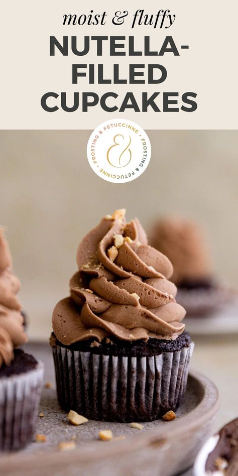 These homemade Nutella cupcakes are chocolatey and decadent. They are stuffed with a Nutella filling and then topped with a Nutella buttercream frosting. This Nutella filled cupcake recipe is the perfect dessert for chocolate and hazelnut lovers! Chocolate Lovers Cupcakes, Chocolate Hazelnut Cupcakes, Chocolate Filled Cupcakes Easy, Nutella Dessert Recipe, Chocolate Cupcakes With Filling, Nutella Recipes Dessert, Filled Cupcakes Easy, Filled Cupcake Recipes, Nutella Cupcakes Recipe