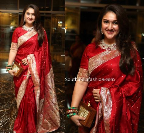 sridevi vijaykumar in red banarasi silk saree at jayasudha son wedding reception 2 scaled Maroon Silk Saree, Maggam Work Bangles, Sridevi Vijaykumar, Red Banarasi Silk Saree, Ruby Necklace Set, South Indian Wedding Saree, Banaras Sarees, Designer Sarees Wedding, Clutch Pink