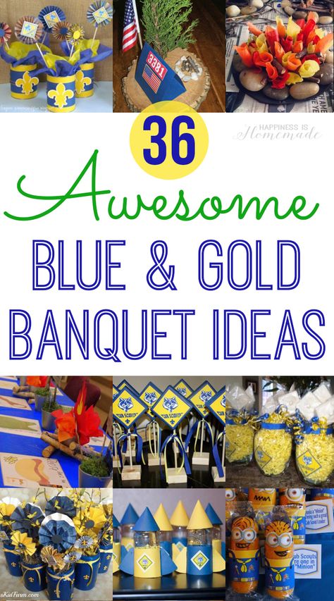 36 Cub Scout Blue and Gold Banquet Party Ideas - Tons of awesome ideas for planning your Cub Scout Blue & Gold Banquet - printables, centerpieces, favors, invitations, cakes and lots more! Blue And Gold Banquet Ideas, Cub Scout Blue And Gold Centerpieces, Cub Scout Law, Cub Scout Skits, Boy Scout Cake, Cub Scout Games, Cub Scout Cake, Blue And Gold Banquet, Boy Scout Activities