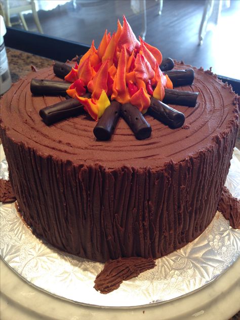 Campfire cake decorated with butter cream icing. Bonfire Cake, Camping Birthday Cake, Campfire Cake, Torte Creative, Camping Cakes, Torte Cupcake, Birthday Cake Ideas, Cake Images, Almond Cakes