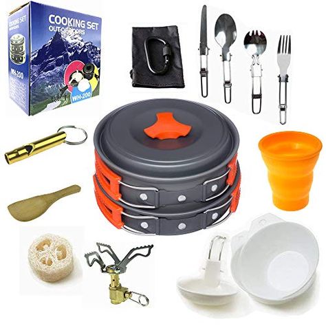 Camping Cookware Mess Kit Backpacking Gear & Hiking Outdoors Bug Out Bag Cooking Equipment 18 Piece Cookset | Lightweight, Compact, Durable Pot Pan Bowls - Free Folding Spork (Orange-18 Pieces). For product & price info go to:  https://all4hiking.com/products/camping-cookware-mess-kit-backpacking-gear-hiking-outdoors-bug-out-bag-cooking-equipment-18-piece-cookset-lightweight-compact-durable-pot-pan-bowls-free-folding-spork-orange-18-pieces/ Mess Kit Camping, Camping Pot, Cooking Kit, Mess Kit, Outdoor Stove, Plastic Dinnerware, Camping Cookware, Pots And Pans Sets, Cooking Set