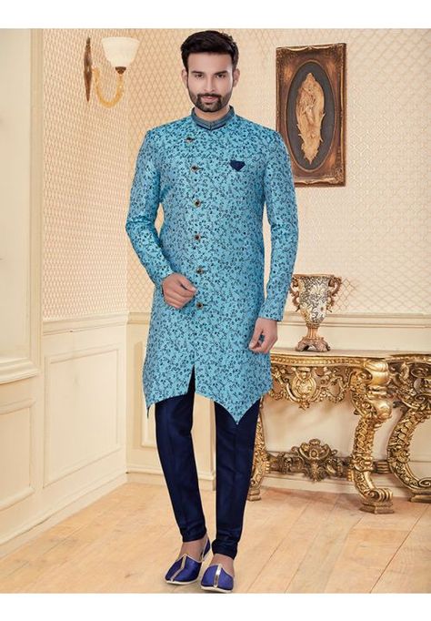 Sky Blue Jacquard Indo Western Indowestern Dress, Blue Sherwani, Sherwani Groom, Wedding Sherwani, Woven Art, Indo Western Dress, Indian Groom, Heavy Embroidery, Groom Outfit