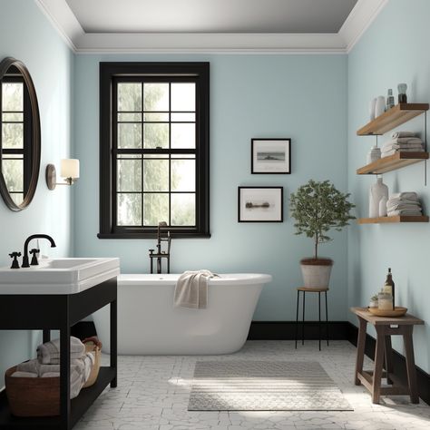 light blue bathroom with black accents Light Blue Wall Bathroom, Blue Paint Bathroom Ideas, Black And Light Blue Bathroom, Light Blue And Brown Bathroom, Light Blue Bathroom Decor Ideas, Blue Bathroom Black Fixtures, Small Bathroom Colors No Window, Bathroom Light Blue Walls, Light Blue And Black Bathroom