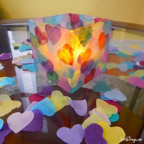 To make this yourself, all you'll need are a few simple supplies — items that you most likely already have in your house somewhere. Tissue Paper Candles, Tissue Paper Lanterns, Kids Candles, Tissue Paper Art, Stained Glass Candle Holders, Stained Glass Candles, Tissue Paper Crafts, Jam Jars, Easy Paper Flowers