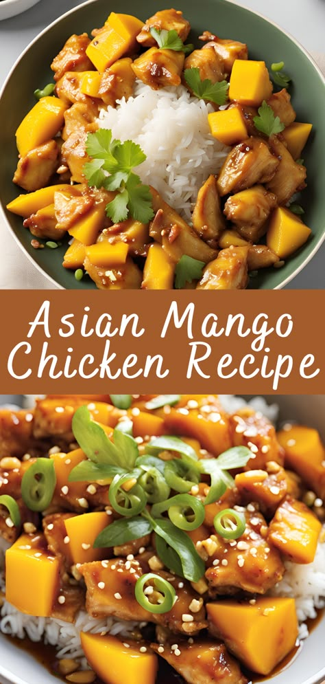 Asian mango chicken is a delightful fusion dish that combines the succulent flavors of chicken with the tropical sweetness of mangoes, all brought together with a savory Asian-inspired sauce. This recipe is perfect for those looking to add a bit of exotic flair to their dinner table. Mango Asian Recipes, Dinner Recipes With Mango, Mango Chicken Stir Fry, Chicken And Mango Recipes, Mango Dinner Recipes, Chicken Mango Recipes, Exotic Dinner Ideas, Asian Night Dinner, Video Game Recipes