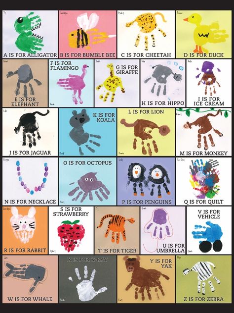 Hand Print Alphabet Animals, Canvas Painting Ideas For Classroom, Hand Print Animals For Kids, Square 1 Art Ideas Preschool, Square1art Ideas Projects, Auction Items Made By Kids, Class Project For School Auction, Hand Print Alphabet, Class Projects For School Auction