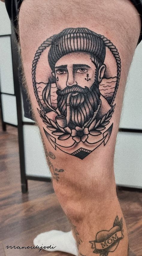 Sailor Traditional Tattoo, Traditional Man Tattoo, Sailor Tattoos Traditional, Old School Sailor Tattoo, Kai Tattoo, Fisherman Tattoo, Jason Tattoo, Traditional Mermaid, Traditional Mermaid Tattoos