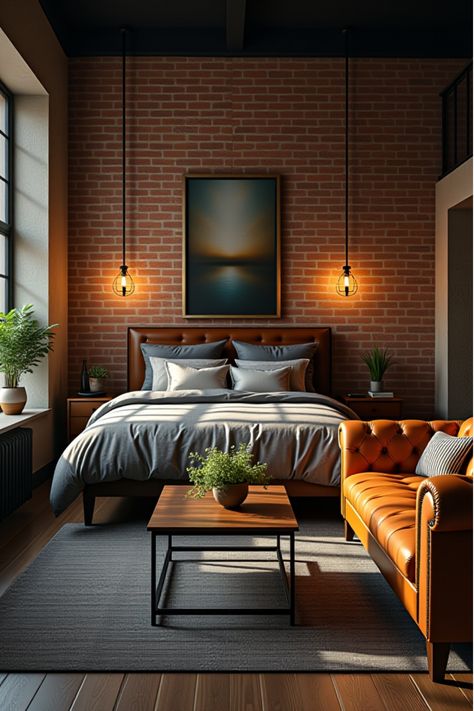 Industrial-chic bedroom with exposed brick and leather furniture Brick Wall Bedroom Decor Ideas, Bedroom Ideas Industrial, Industrial Farmhouse Bedroom, Modern Industrial Bedroom, Bedroom Industrial Chic, Industrial Modern Bedroom, Brick Wall Bedroom, Brick Bedroom, Bedroom Decor For Men