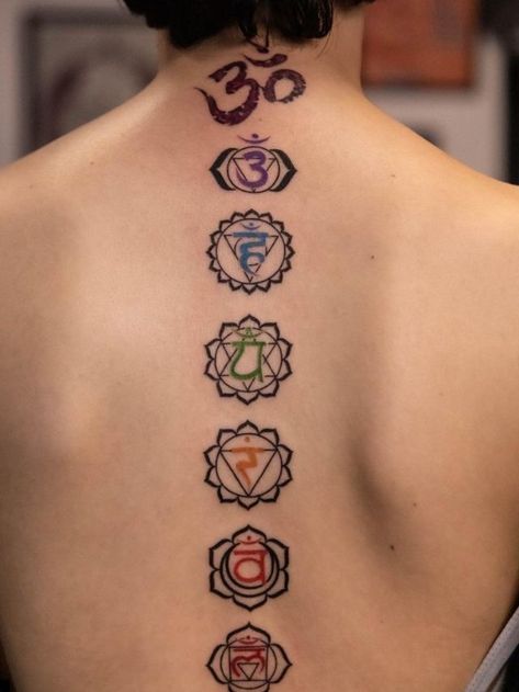 Tantra Tattoo Symbols, Back Tattoo Chakra, Nek Tattoo Design, Seven Chakras Tattoo Design, Om Chakra Tattoo, Seven Chakras Tattoo, Sacral Chakra Tattoo, Chest Piece Tattoos For Women, 7 Chakras Tattoo