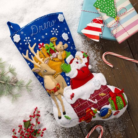 Baby Christmas Stocking, Felt Stocking Kit, Unique Christmas Stockings, Christmas Stocking Kits, Santa Toys, Felt Stocking, Christmas Felt, Towels Kids, Bead Sewing