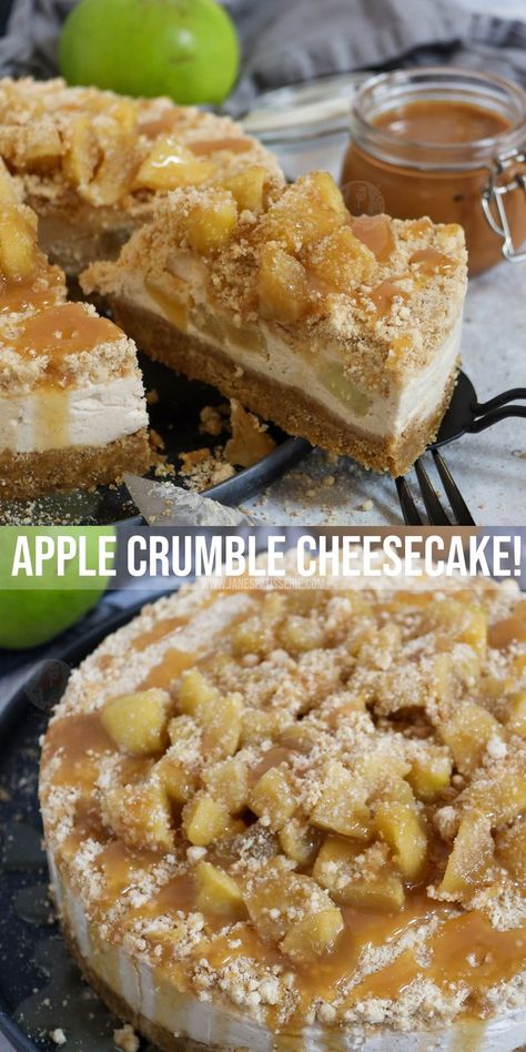 Buttery biscuit base, vanilla cinnamon apple crumble cheesecake filling, and even more crumble apple goodness on top. Apple Crumble Cheesecake Recipe, Cheesecake Business, Cinnamon Apple Crumble, Jane Patisserie, Apple Crumble Cheesecake, Best No Bake Cheesecake, Easy Bakes, Crumble Cheesecake, Janes Patisserie