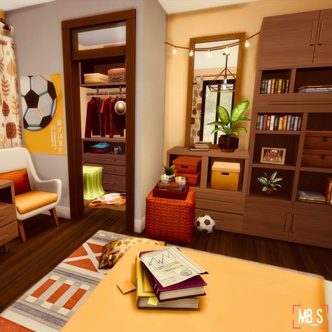 Maysbat on Instagram: “Another teen bedroom but this time it’s more my style 🍁☀️🥰 I made it for sim who loves sports 🏀⚽️🏈 and guitar 🎸🎶 Btw I love this shape of…” Bedroom Sims 4, Boy Sports Bedroom, Sports Bedroom, Sport Bedroom, Teen Boy, Teen Bedroom, I Made It, Room Designs, Made It