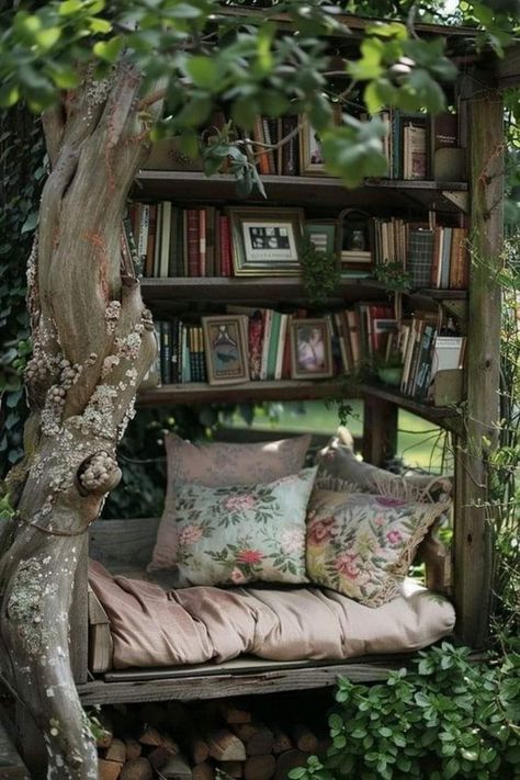 Acnh Outdoor Reading Nook, Outside Reading Nook Backyards, Secret Garden Book Nook, Reading Garden Book Corner, Tree Bookcase Corner, Reading Spot, Suite Life, Secret Gardens, Earthship