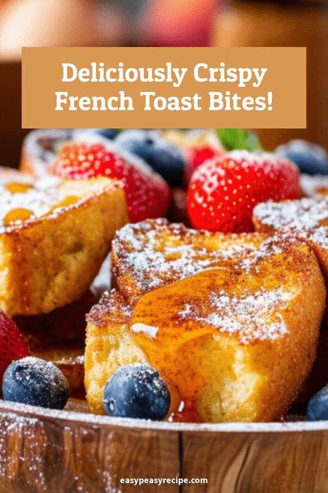 A close-up of air fryer French toast bites topped with powdered sugar, fresh strawberries, and blueberries. French Toast Bites Recipe, School Cookies Recipe, Basic Smoothie Recipe, Crispy French Toast, Air Fryer French Toast, Croissant French Toast, French Toast Bites, Morning Meals, Easy Zucchini Recipes