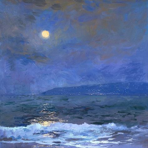 huariqueje:  “  Strawberry Moonlight - S. Burkett Kaiser  American,b.1946-  Oil on canvas, 30 x 30′in.  ” The Ocean, At Night, The Sky, Oil Painting, Moon, Blue