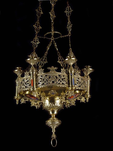 Antique brass gothic revival chandelier. Very regal looking! This would be great hanging in the entryway of a Medieval mini-castle with an antique armoire for putting away coats and such. Gothic Lights, Gothic Lamps, Gothic Revival Decor, Gothic Lighting Chandeliers, Gothic Revival Cottage, Gothic Lamp, Gothic Hanging Lamp, Medieval Fake Chandelier, Gothic Black Chandelier