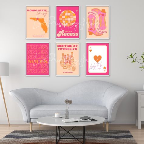 Florida State University Digital Wall Art Prints | FSU Dorm Room Decor | Set of 6 | College Campus Posters Orange and Pink Fsu Room Decor, Fsu Decor, Fsu Campus, Fsu Dorm, Decorating Dorm, College Dorm Posters, College Wall Decor, Pink Wall Decor, Cute Wall Decor