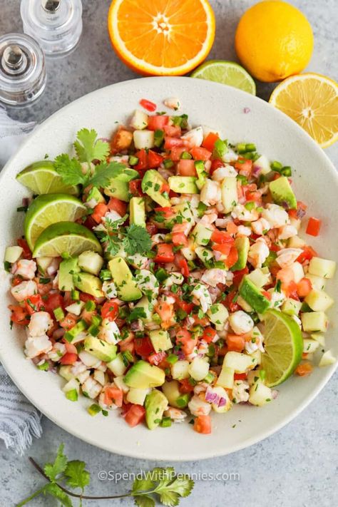 Have the taste of Mexico at home with this shrimp ceviche recipe. This easy no-cook salad won't take long to make. Low in calories and super healthy, shrimp ceviche is a salad for everyone. This colorful, crunchy, and flavorful salad is made with an abundance of vegetables including avocado and jicama. #shrimpceviche #shrimpcevicherecipe #ceviche #spendwithpennies Ceviche Recipes, Healthy 2024, Mexican Ceviche, Shrimp Ceviche Recipe, Recipe Shrimp, Recipes Shrimp, Ceviche Recipe, Shrimp Ceviche, Spend With Pennies