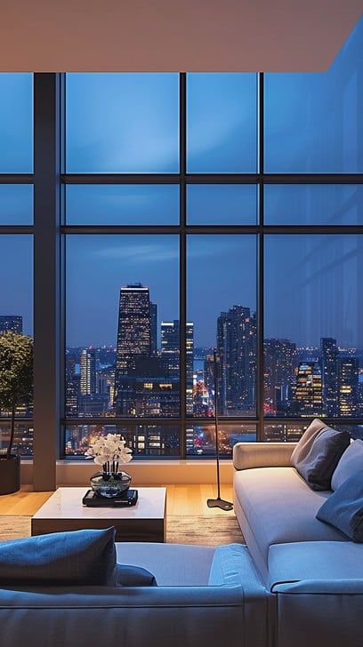 Living Room At Night, Skyline Backdrop, Room At Night, City Aesthetics, Twilight Scenes, Home Cinema Room, Urban Apartment, Plush Sofa, Skyline View