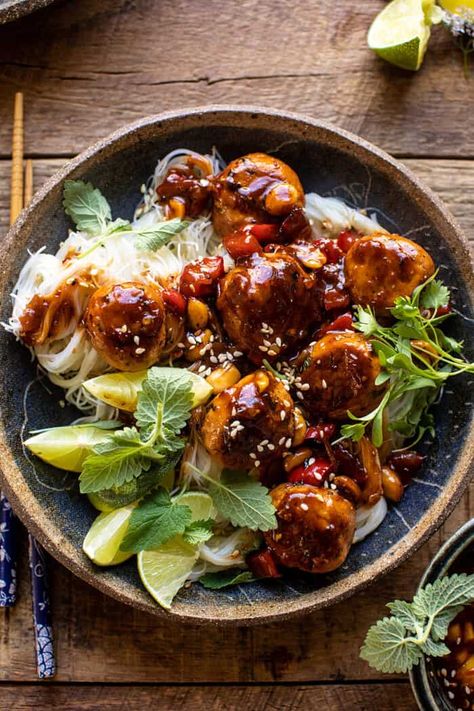 Thai Meatballs, Half Baked Harvest Recipes, Sesame Noodles, Honey And Soy Sauce, Garlic Noodles, Harvest Recipes, Citrus Chicken, Half Baked, Half Baked Harvest