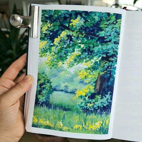 My project for course: Landscape Painting with Gouache for Beginners | Domestika Gouche Painting Gibli, Simple Gouache Landscape, Landscape Gouache Painting, Gouache Painting Ideas For Beginners, Guache Illustration, Gouache Art For Beginners, Gouache Painting Ideas, Paint With Gouache, Ghibli Painting