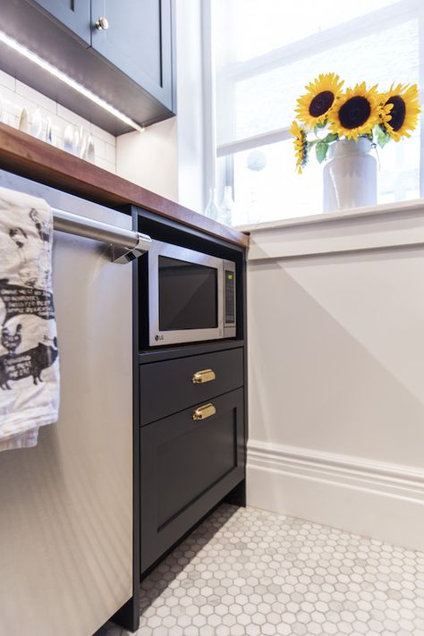 A Galley Kitchen Renovation for a Serious Chef-Turned-Food-Editor Retro Renovation Kitchen, Ikea Galley Kitchen, Built In Microwave Cabinet, White Galley Kitchens, Galley Kitchen Renovation, Split Level Kitchen Remodel, Microwave Cabinet, Galley Kitchen Remodel, White Kitchen Remodeling