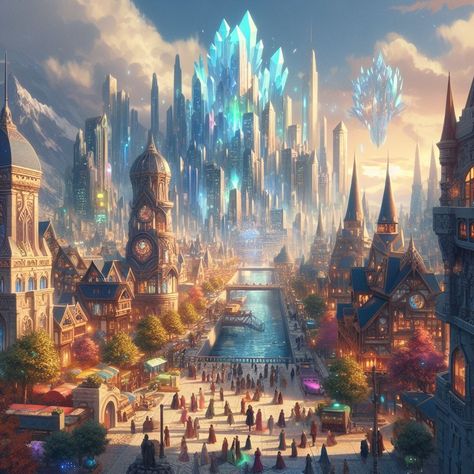 Glass City Fantasy Concept Art, Crystal City Fantasy Art, Fae City, Magic Academia, Elf City, Kingdom Fanart, Castle City, Moon Stars Art, Magical City