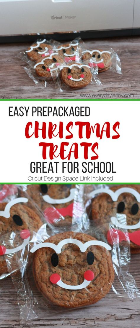 These cute and easy Christmas gingerbread men faces are made with oatmeal cream pies and your Cricut. Great for schools where only prepackaged treats are allowed. #Cricut #CricutMade Christmas School Treats, Christmas Class Treats, School Birthday Treats, Diy Christmas Treats, Christmas Classroom Treats, Classroom Snacks, Christmas Goodie Bags, School Christmas Party, Easy Christmas Treats