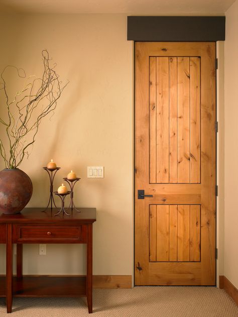 Poudre River Interior Door (Square Top Rail, 2-Panel Random Plank, A2, Knotty Alder, Poudre River Glaze Finish) Interior Doors Stained, Knotty Alder Interior Doors, Knotty Alder Door, Mahogany Doors Interior, Alder Doors, Knotty Alder Doors, Plank Door, Custom Interior Doors, Contemporary Interior Doors