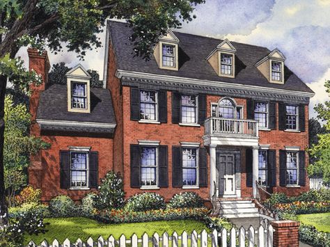 exterior Georgian Colonial House Exterior, Shutters Brick House, Georgian House Plans, Modern Colonial House, Classic House Plans, Small Colonial, Beach Style House Plans, Georgian Houses, House Plans Colonial