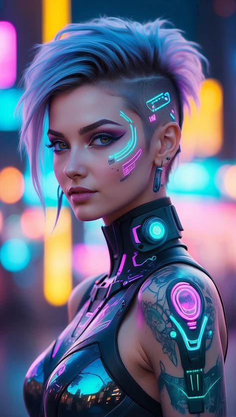 Cyberpunk Hairstyles Women, Sci Fi Aesthetic Fashion, Cyberpunk Female Character Design, Cyberpunk Female Character Art, Female Cyberpunk, Cyper Punk, Cyberpunk Photoshoot, Cyberpunk Women, Cyberpunk Makeup