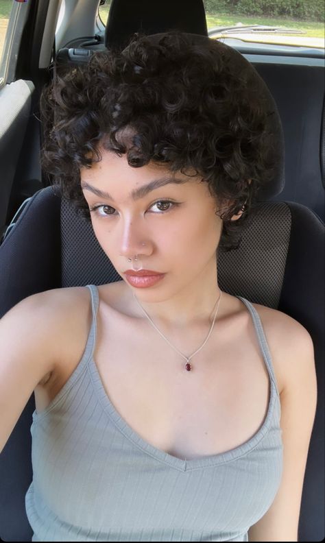 Split Dyed Hair Short Pixie Curly, 4c Hair Pixie Haircut, Curly Hair Very Short, Curly Really Short Hair, Round Short Curly Hair, Hairstyles To Do With Short Curly Hair, 3b Short Hairstyles, Curly Bowl Cut For Women, Long Pixie Curly Hair