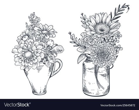 Plants In Vases, Drawing Recipes, Watercolour Drawings, Botanical Line Drawing, Drawn Flowers, Plant Vector, Sketch Style, Black And White Flowers, Hand Drawn Flowers