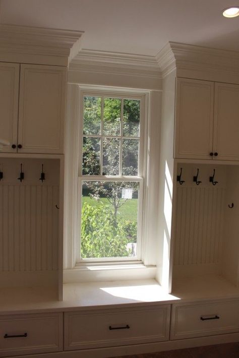 Mudroom Ideas Entryway Window, Mudroom Wall With Window, Mudroom French Doors, Porch Converted To Mudroom, Mudroom Bench With Window, Mudroom With Window Seat, Mudroom No Windows, Entryway Seating And Storage, Mudroom Window Bench