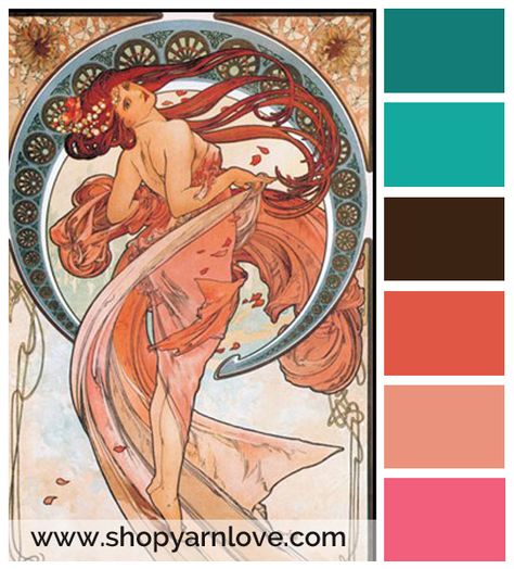 Palette with our current logo colors combined with Alphonse Mucha's Dance image. Color Palette Art Nouveau, Alphonse Mucha Color Palette, Art Nouveau Palette, Abstract Color Palette, Nouveau Color Palette, Art Nouveau Color Palette, Art Nouveau Mucha, Brand Colour Schemes, Flat Color Palette