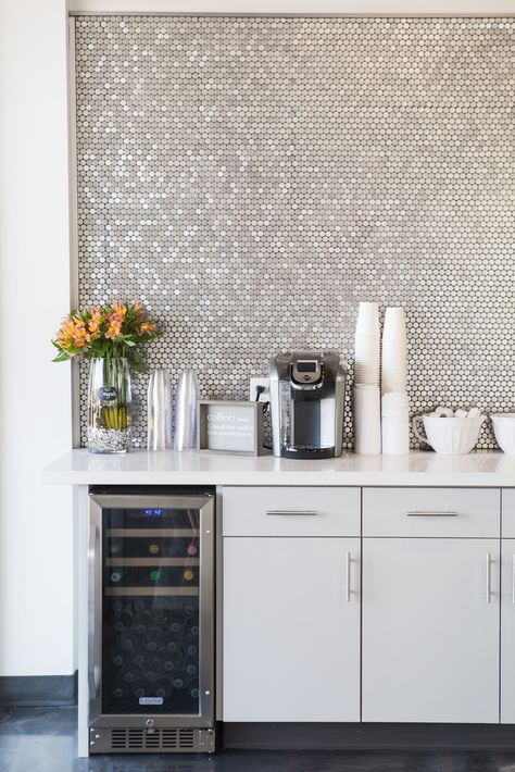 Coffee bar with wine fridge quartz top and penny tile back splash. Commercial Office Coffee Bar, Beauty Salon Coffee Bar Ideas, Hair Salon Coffee Bar, Hair Salon Coffee Bar Ideas, Coffee Bar Wall Ideas, Salon Coffee Bar Ideas, Bar With Wine Fridge, Salon Waiting Area, Spa Space