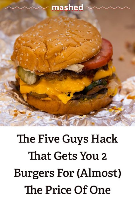 Five Guys is notorious for its expensive burgers and fries, but one viral hack helps you get two burgers for (almost) the price of one if you're lucky. #FiveGuys #FastFood Five Guys Burger, Five Guy Burgers, Burgers And Fries, Burger And Fries, Five Guys