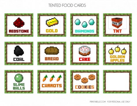 Free Minecraft Party Printables for your Minecraft birthday party! See more party ideas at CatchMyParty.com. #minecraft #boybirthday Minecraft Food Cards, Minecraft Printables Free, Minecraft Party Food, Minecraft Party Printables, Printable Minecraft, Minecraft Bday, Minecraft Food, Minecraft Printables, Food Cards