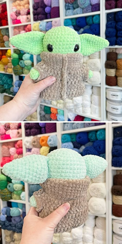 No extraterrestrial help needed to become friends with baby Yoda! This cosmic pattern is actually a beginner friendly one, it means that everyone can step in this crochet adventure. Choose very soft and a slightly bulky yarn for that extra cushy effect, the velvet yarn will work great here too. #freecrochetpattern #crochetpattern #crochetamigurumi #crochetyoda #crochettoy Free Crochet Pattern Velvet Yarn, Crochet Velvet Yarn Amigurumi, Yoda Amigurumi Free Pattern, Baby Yoda Free Crochet Pattern, Crochet Patterns Using Bulky Yarn, Bulky Yarn Crochet Ideas, Crochet Grogu Pattern Free, Baby Groot Crochet Pattern Free, Baby Yoda Amigurumi Free Pattern