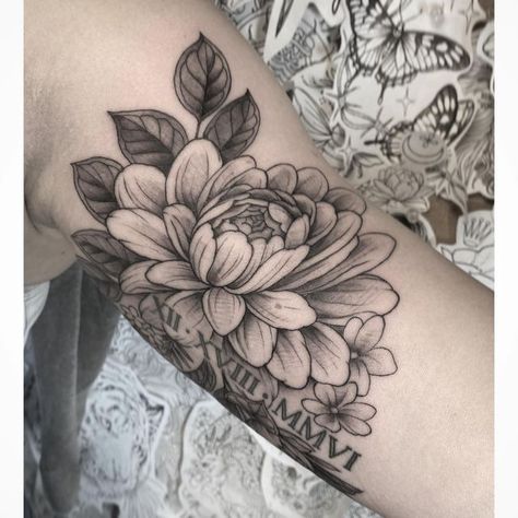 Roman Numeral Floral Tattoo, Roman Numerals With Flowers Tattoo, Flower Tattoo With Roman Numerals, Roman Numeral Tattoo Cover Up Ideas, Floral Roman Numeral Tattoo, Floral Script Tattoo, Roman Numeral Flower Tattoo, Flower Roman Numeral Tattoo, Tattoo Around Words